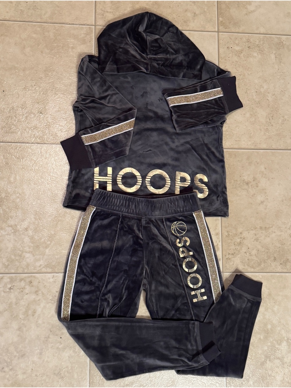Justice Girls Hoops Kids Black Velour Hoodie & Jogger Set with Gold Accents